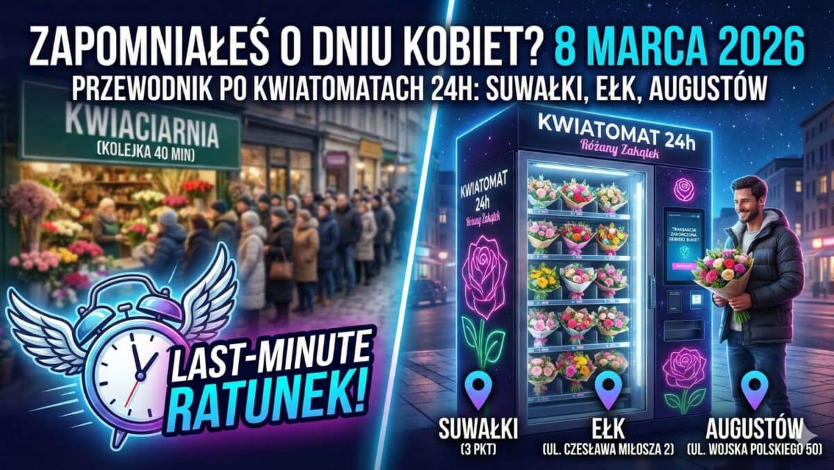Zapomniałeś o Dniu Kobiet? Ratunek Last-Minute: Przewodnik po Kwiatomatach 24h w Suwałkach, Ełku i Augustowie (Edycja 2026)