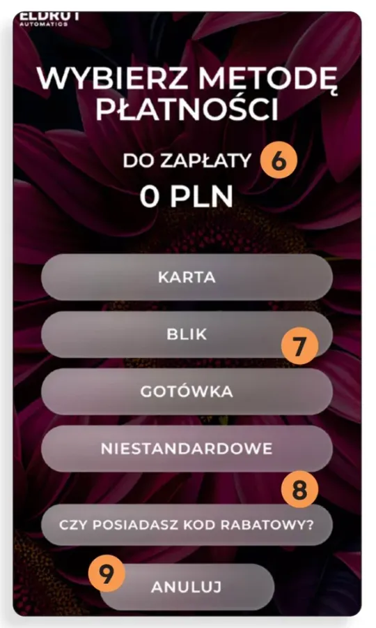 Ekran kwiatomatu: Zapłać kartą, BLIK-iem lub gotówką